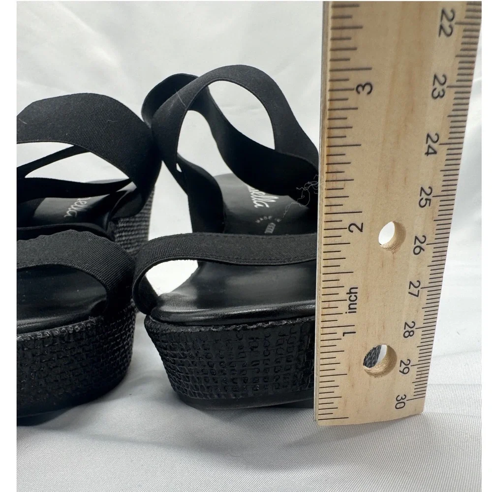 Womens Black Elastic Platform Strappy Wedge Sandals Size 9.5 Made in Italy